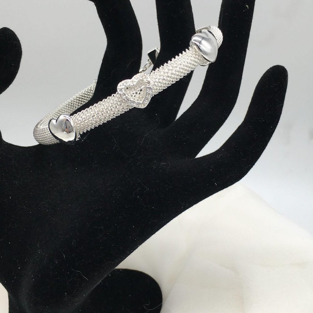 UNSIGNED BRACELET BANGLE MESH HEARTS RHINESTONES